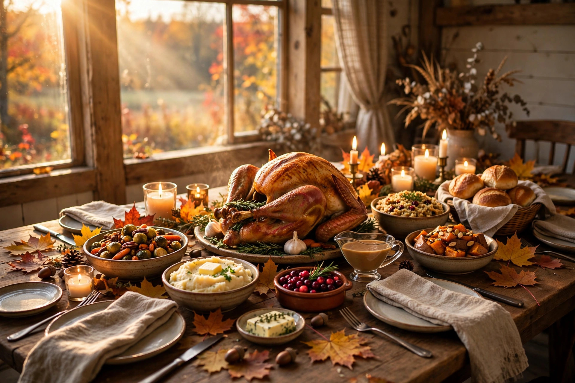 A long farmhouse table set for Canadian Thanksgiving dinner in warm golden light