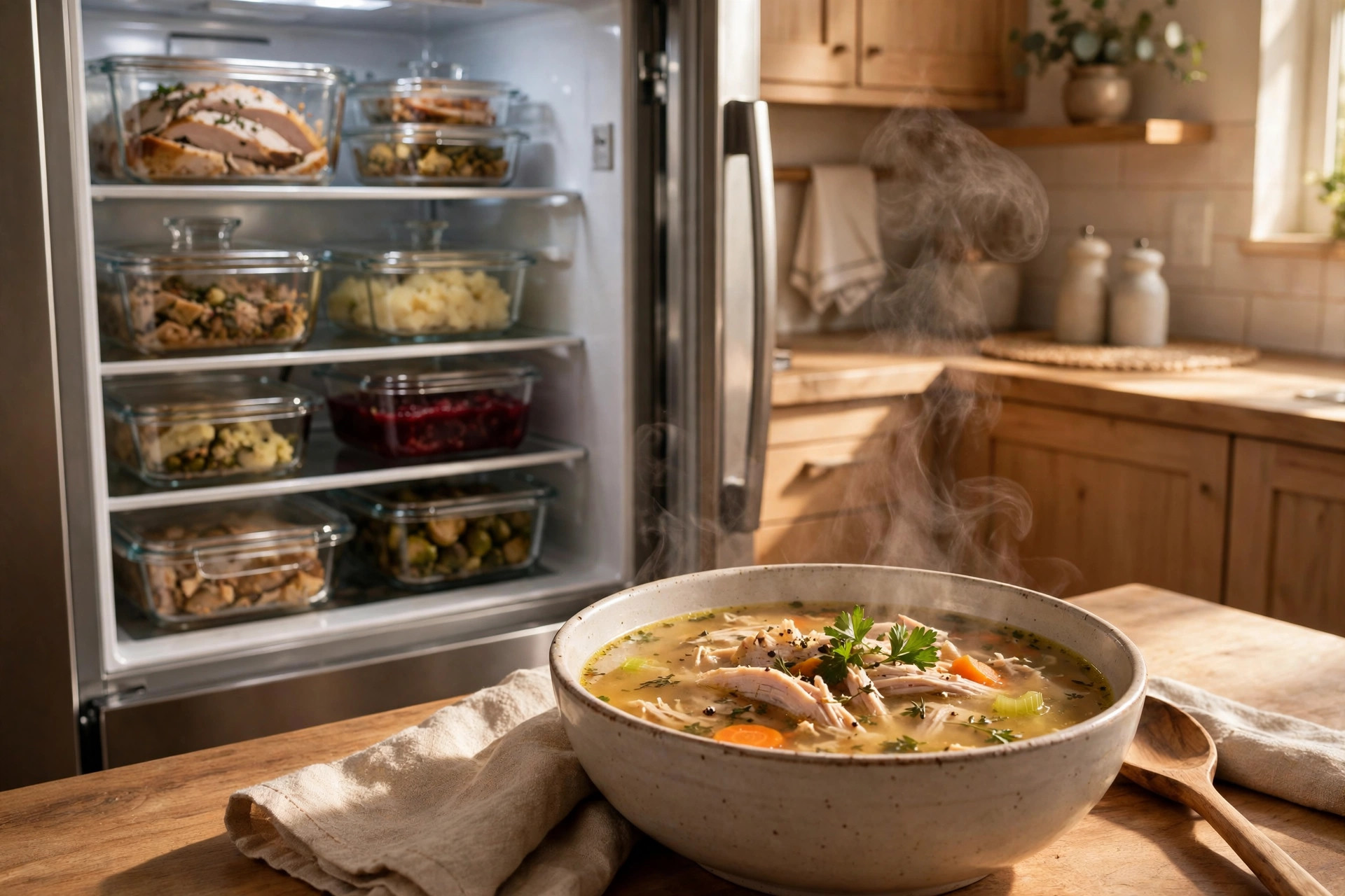 Neatly stored containers of Thanksgiving leftovers