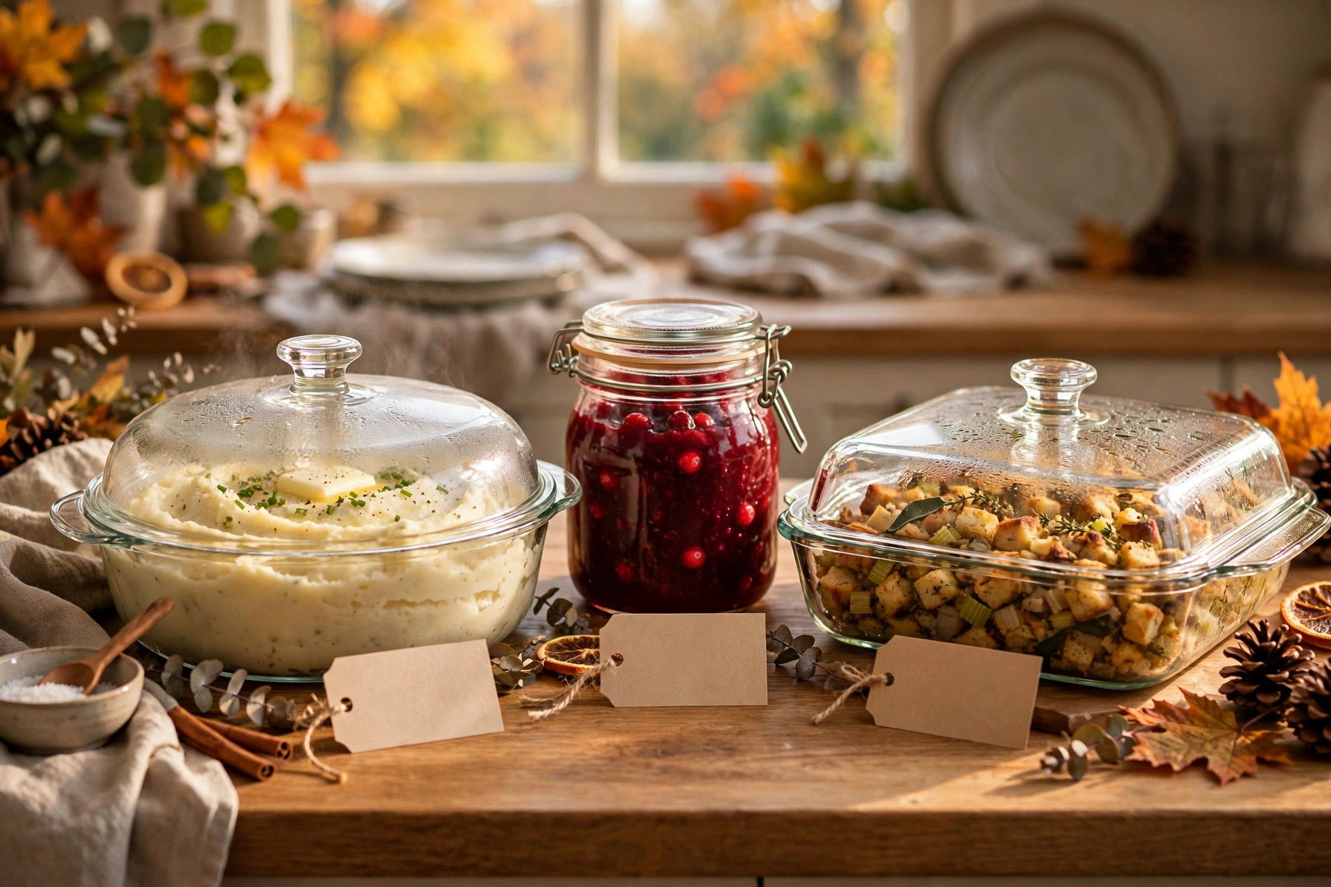 Covered dishes of make-ahead Thanksgiving sides on a kitchen counter