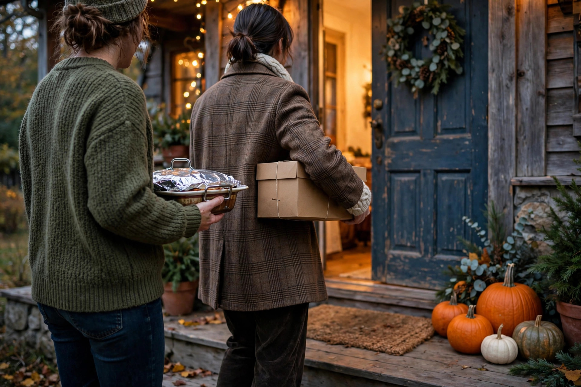 Guests arriving at a home carrying covered dishes for a potluck