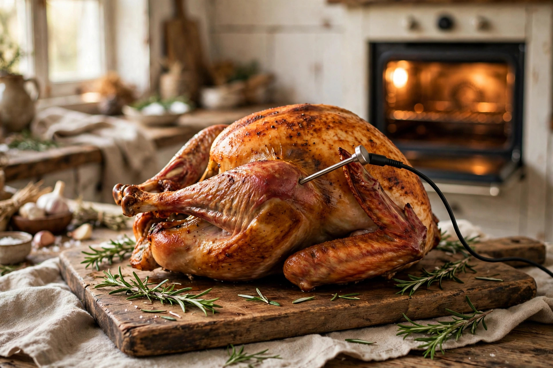 Golden roasted turkey resting on a cutting board